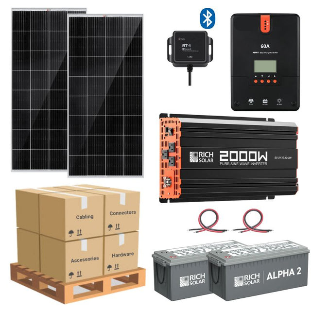 Complete Solar Panel Kit - 2,000W Pure Sine Wave Inverter + [12V Battery Bank] + 2 x 200W Mono Solar Panels | Off-Grid, Mobile, Backup [LPK-PLUS] - ShopSolar.com