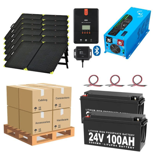 Complete Solar Panel Kit - 3,000W Inverter / Charger 120V Output / 24VDC + [5.12kWh-7.68kWh Lithium Battery Bank] + 6 x 200W Solar Panels [LPK-PRO] - ShopSolar.com