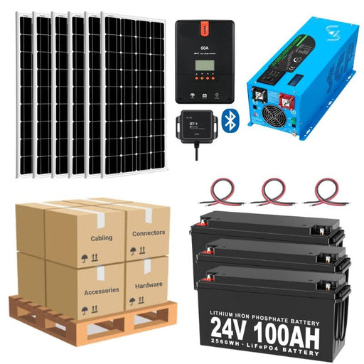 Complete Solar Panel Kit - 3,000W Inverter / Charger 120V Output / 24VDC + [5.12kWh-7.68kWh Lithium Battery Bank] + 6 x 200W Solar Panels [LPK-PRO] - ShopSolar.com