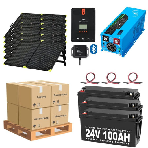 Complete Solar Panel Kit - 3,000W Inverter / Charger 120V Output / 24VDC + [5.12kWh-7.68kWh Lithium Battery Bank] + 6 x 200W Solar Panels [LPK-PRO] - ShopSolar.com