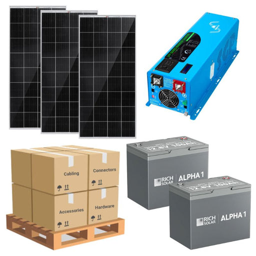 Complete Solar Panel Kit - 4,000W 12VDC Inverter / Charger Split Phase Output + [2.4kWh-5.12kWh Lithium Battery Bank] + 3 x 200W 12V Solar Panels [LPK-PRO]