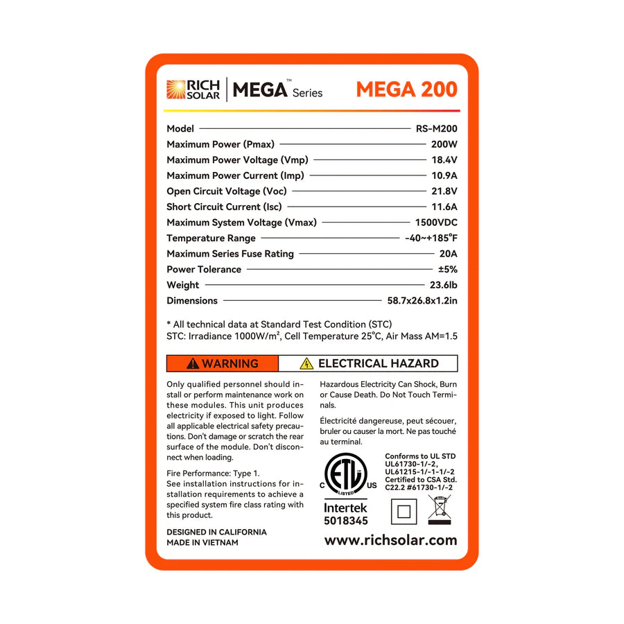 200 Watt Solar Panel | High Efficiency 12V Monocrystalline (19.98% Efficiency) | 25-Year Power Output Warranty - ShopSolar: Complete Solar Kits + Lifetime Customer Support