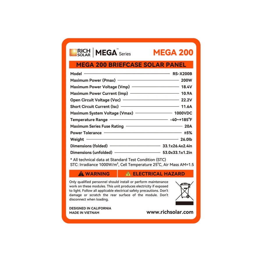 MEGA 200 Briefcase – 200 Watt 12V Portable Monocrystalline Solar Panel | Foldable Design + Kickstand | 25-Year Output Warranty - ShopSolar: Complete Solar Kits + Lifetime Customer Support