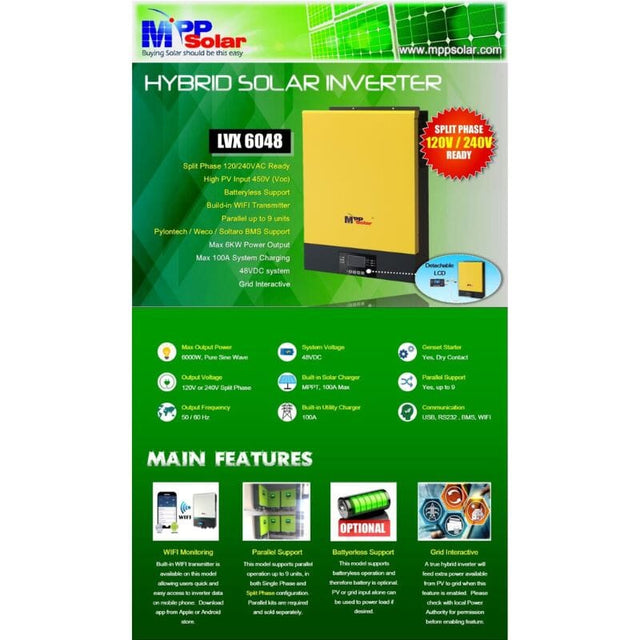 MPP Solar LVX6048 Hybrid Solar Inverter Split Phase 120V/240V Output | 2-Year Warranty - ShopSolar.com