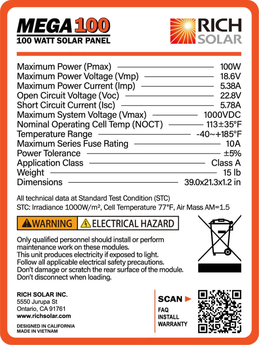 MEGA 100 | 100 Watt Solar Panel | Premier 12V Off-Grid Solar Panel for Vans, Campers, Boats | 25-Year Output Warranty | UL Certified - ShopSolar: Complete Solar Kits + Lifetime Customer Support