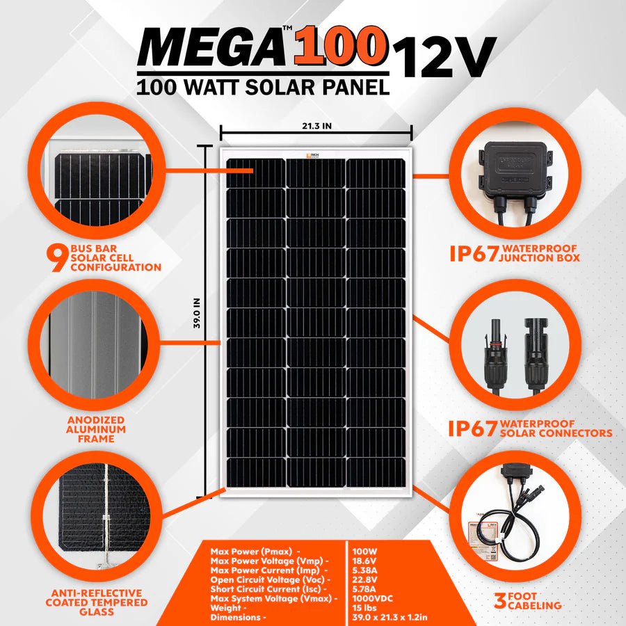 MEGA 100 | 100 Watt Solar Panel | Premier 12V Off-Grid Solar Panel for Vans, Campers, Boats | 25-Year Output Warranty | UL Certified - ShopSolar: Complete Solar Kits + Lifetime Customer Support