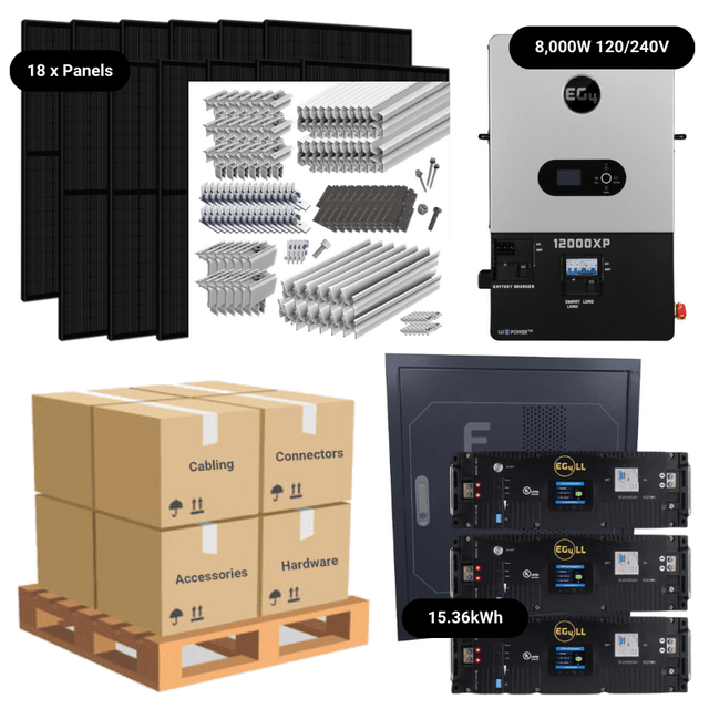 7.38kW Complete Solar Power System - 8,000W 120/240V [14.3kWh-15.36kWh Lithium Battery Bank] + 18 x 410W Mono Solar Panels | Includes Schematic [OGK-MAX]