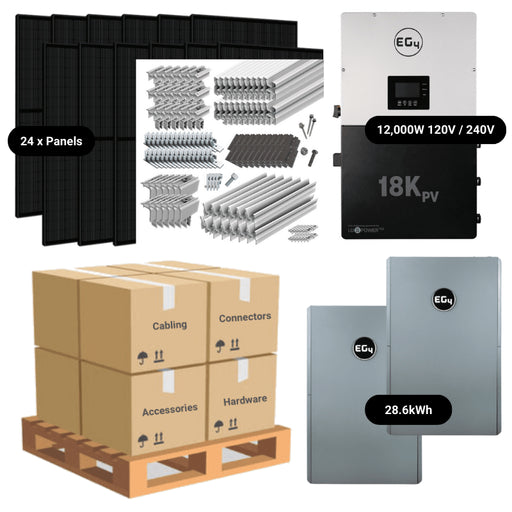 Complete Solar Power System - 12,000W 120/240V [28.6kWh-30.72kWh Lithium Battery Bank] 24 x 400W Mono Solar Panels | Includes Schematic [OGK-PRO] - ShopSolar.com