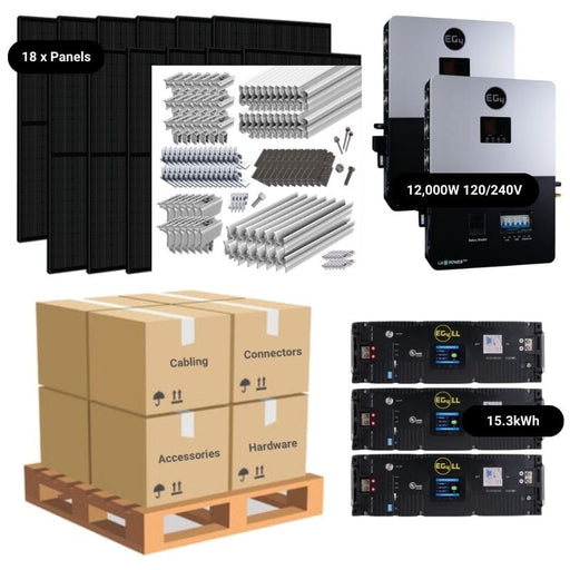 7.2kWp Complete Solar Power System - 12,000W 120/240V [14.3kWh-15.36kWh Lithium Battery Bank] + 18 x 400W Mono Solar Panels | Includes Schematic [OGK-MAX]