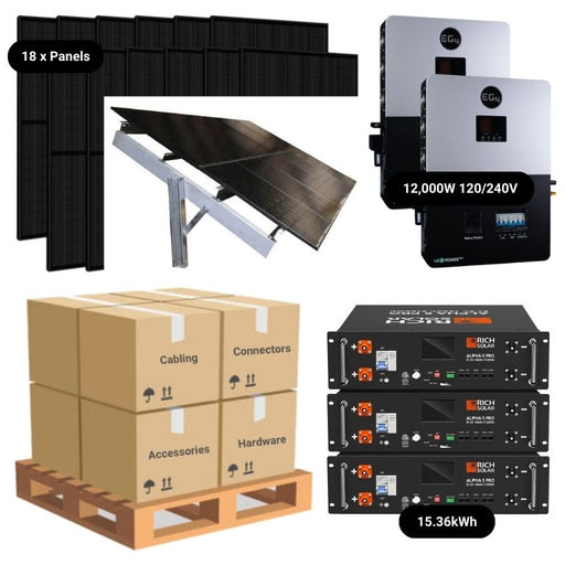 7.2kWp Complete Solar Power System - 12,000W 120/240V [14.3kWh-15.36kWh Lithium Battery Bank] + 18 x 400W Mono Solar Panels | Includes Schematic [OGK-MAX]