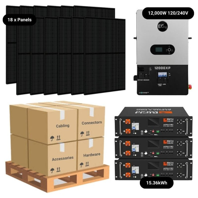 7.2kW Complete Solar Power System - 12,000W 120/240V [14.3kWh-15.36kWh Lithium Battery Bank] + 18 x 400W Mono Solar Panels | Includes Schematic [OGK-MAX]