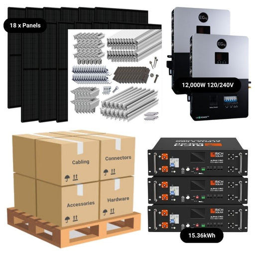 7.2kWp Complete Solar Power System - 12,000W 120/240V [14.3kWh-15.36kWh Lithium Battery Bank] + 18 x 400W Mono Solar Panels | Includes Schematic [OGK-MAX]