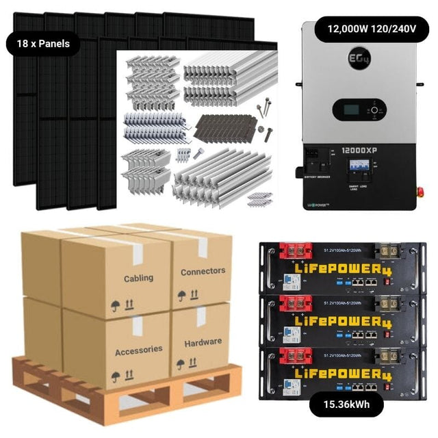 7.2kW Complete Solar Power System - 12,000W 120/240V [14.3kWh-15.36kWh Lithium Battery Bank] + 18 x 400W Mono Solar Panels | Includes Schematic [OGK-MAX]