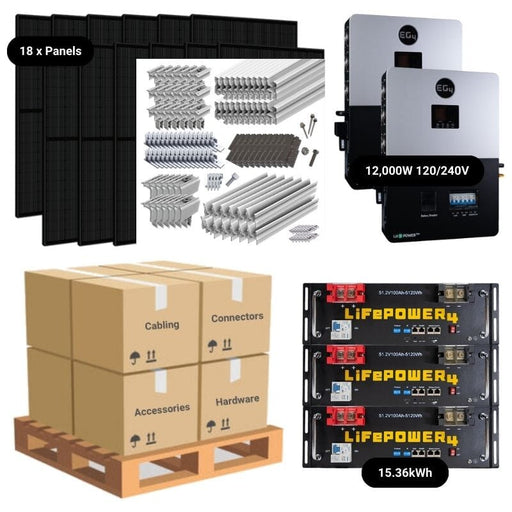 7.2kWp Complete Solar Power System - 12,000W 120/240V [14.3kWh-15.36kWh Lithium Battery Bank] + 18 x 400W Mono Solar Panels | Includes Schematic [OGK-MAX]