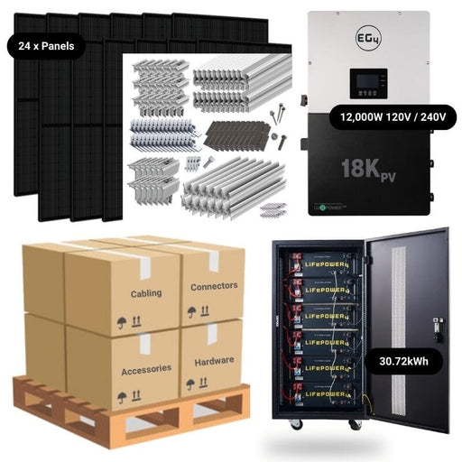 9.6kW Complete Solar Power System - 12,000W 120/240V [28.6kWh-30.72kWh Lithium Battery Bank] 24 x 400W Mono Solar Panels | Includes Schematic [OGK-PRO]