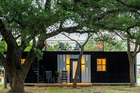 Off grid tiny home with the lights on