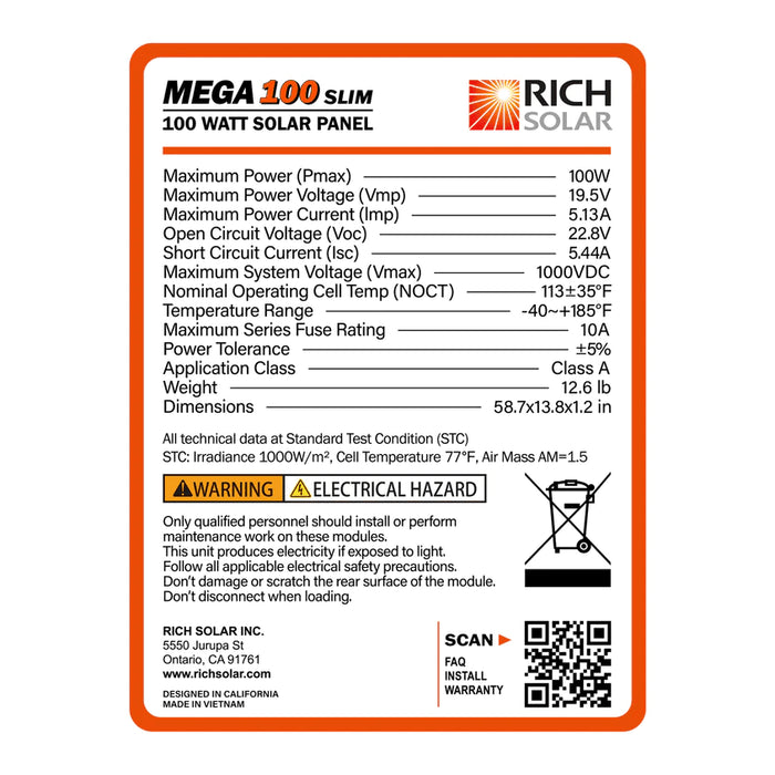 Rich Solar Mega 100 Slim | 100 Watt 12V Solar Panel Slim Edition - ShopSolar.com