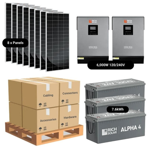 Complete Off-Grid Solar Kit - 6,000W 120V/240V Split Phase [5.12kWh-7.68kWh Battery Bank] + 8 x 200W Mono Solar Panels | Off-Grid, Mobile, Backup [RPK-MAX]