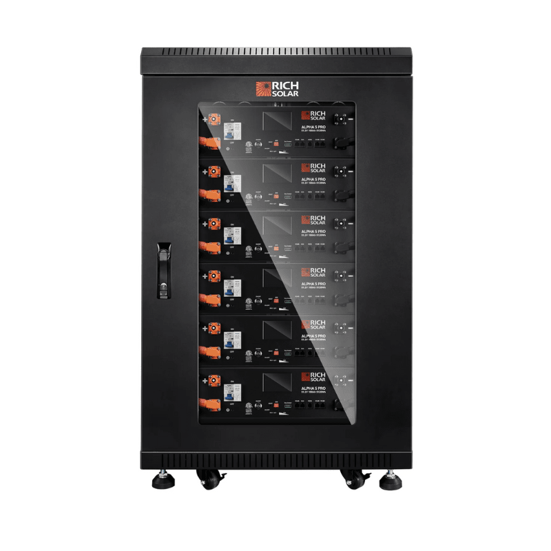 Rich Solar ALPHA 5 PRO Server Rack Battery Kit | 30.72kWh | 6 x Server Rack Batteries With Pre-Assembled Enclosed Rack | With Door & Wheels | Busbar Covers - ShopSolar: Complete Solar Kits + Lifetime Customer Support