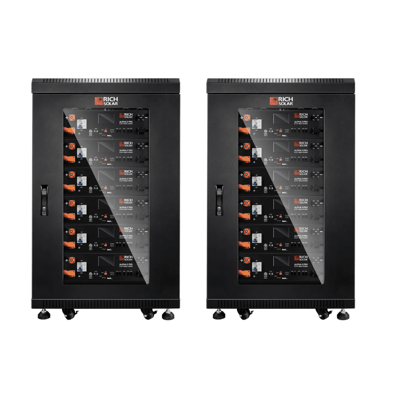 Rich Solar ALPHA 5 PRO Server Rack Battery Kit | 30.72kWh | 6 x Server Rack Batteries With Pre-Assembled Enclosed Rack | With Door & Wheels | Busbar Covers