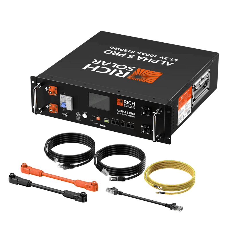 Rich Solar ALPHA 5 PRO Server Rack Battery Kit | 30.72kWh | 6 x Server Rack Batteries With Pre-Assembled Enclosed Rack | With Door & Wheels | Busbar Covers - ShopSolar: Complete Solar Kits + Lifetime Customer Support