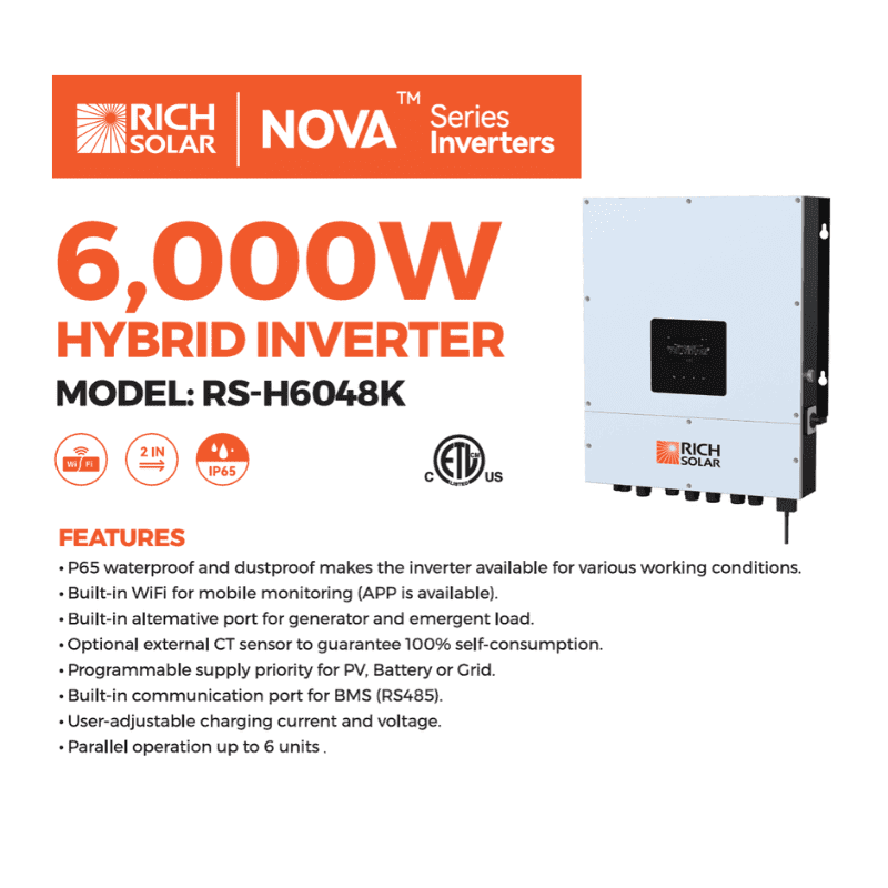 Rich Solar NOVA 8K PV 48V Hybrid Inverter | 6,000W 120/240V Output + 8000W PV Solar Input - ShopSolar: Complete Solar Kits + Lifetime Customer Support