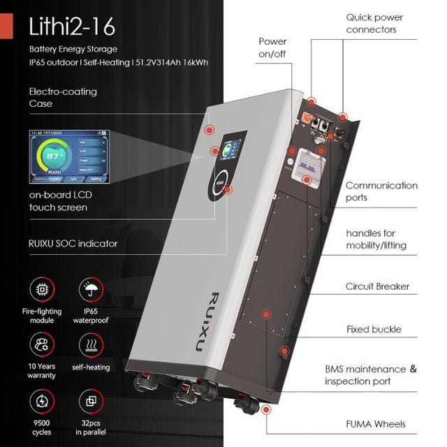 RUiXU Lithi2-16 Battery Energy Storage IP65 outdoor | Self-Heating | 51.2V / 314Ah / 16kWh Capacity - ShopSolar.com