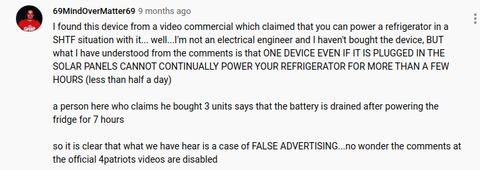 Patriot Power Generator 1800 can only power a refrigerator for “less than half a day.” Review
