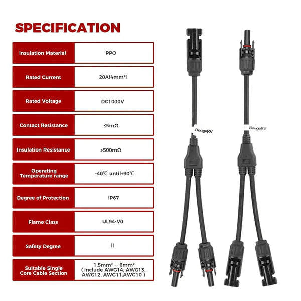 BougeRV Solar Connectors Y Branch Parallel Adapter Cable Wire - ShopSolar.com