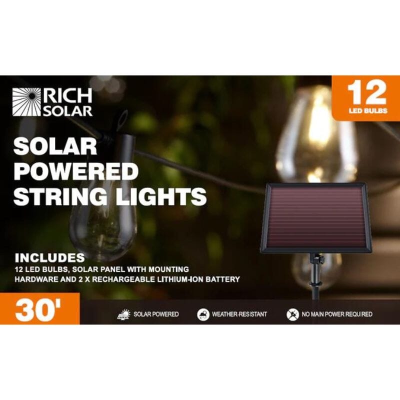 Solar String Lights - 30 ft. String of Lights | 12 LED Bulbs | Includes Solar Panel for Charging - ShopSolar.com
