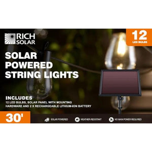 Solar String Lights - 30 ft. String of Lights | 12 LED Bulbs | Includes Solar Panel for Charging - ShopSolar.com