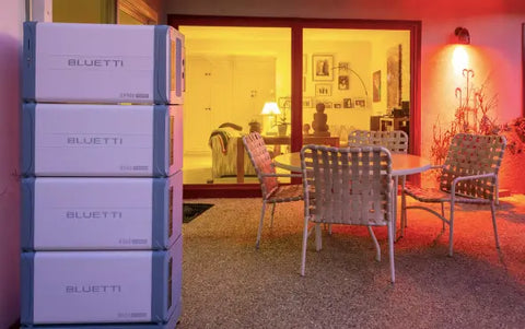bluetti solar generators stacked up in an office