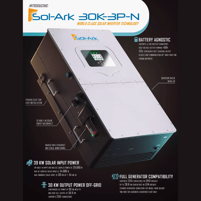 Sol-Ark 30K Hybrid 3 Phase Solar Inverter | 30K-3P-208V | 10-Year Warranty - ShopSolar.com