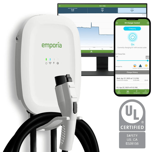 Emporia EV Charger White | Energy Star | Ul Listed | 48 Amp | 24' Cable | 22" Nema 14-50 - ShopSolar.com