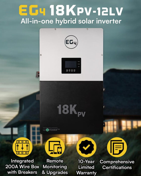 EG4 18k PV Hybrid Inverter | All-In-One Solar Inverter | 18000W PV Input | 12000W Output | 48V 120/240V Split Phase | EG4-18KPV-12LV - ShopSolar.com