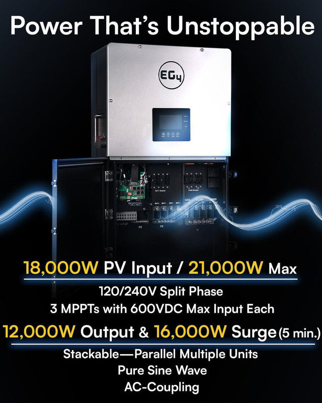 EG4 18k PV Hybrid Inverter | Outdoor-ready | All-In-One Solar Inverter | 18000W PV Input | 12000W Output | 48V 120/240V Split Phase | EG4-18KPV-12LV - ShopSolar.com