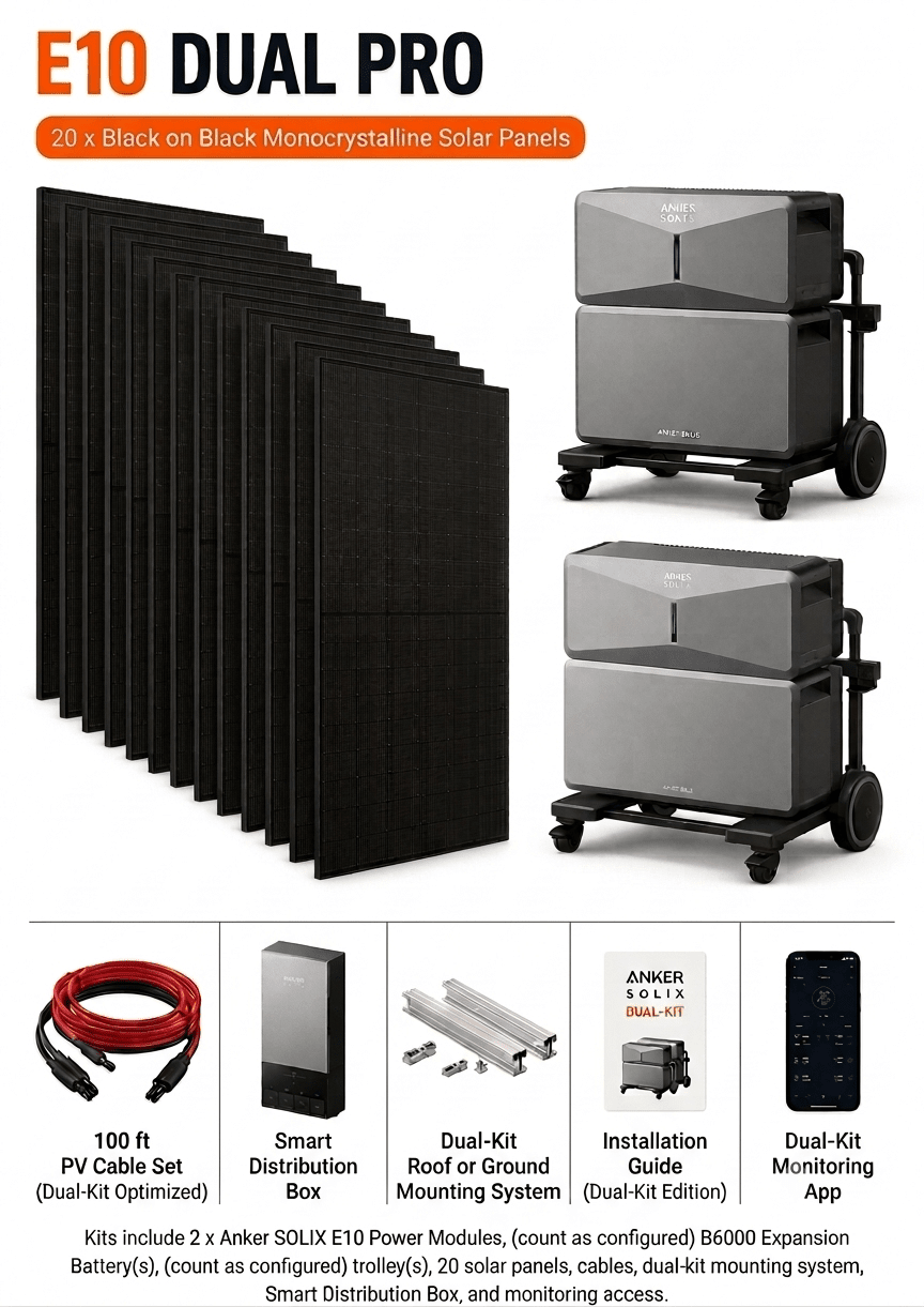 Anker SOLIX E10 [DUAL] - 15kW Output + 12kWh Battery Bank | Whole Home, Off-Grid, Hybrid, Backup Power System | Choose Complete Bundle