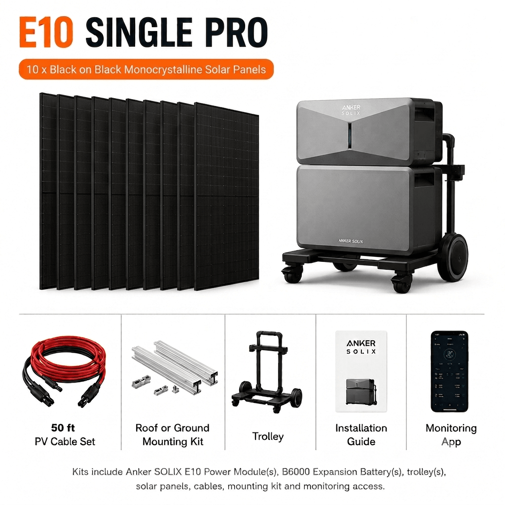 Anker SOLIX E10 - 7.6kW Output + 6kWh Battery | Whole Home, Off-Grid, Hybrid Solar Power System | Choose Complete Bundle