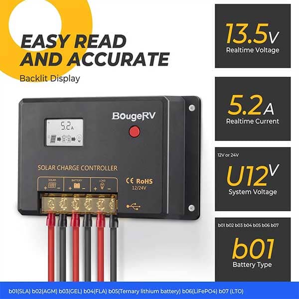 BougeRV Li 10A PWM Solar Charge Controller 12V 24V, Solar Panel Regulator  w/ Backlit Display, USB Port, Adjustable Parameter, for Lithium, AGM, SLD