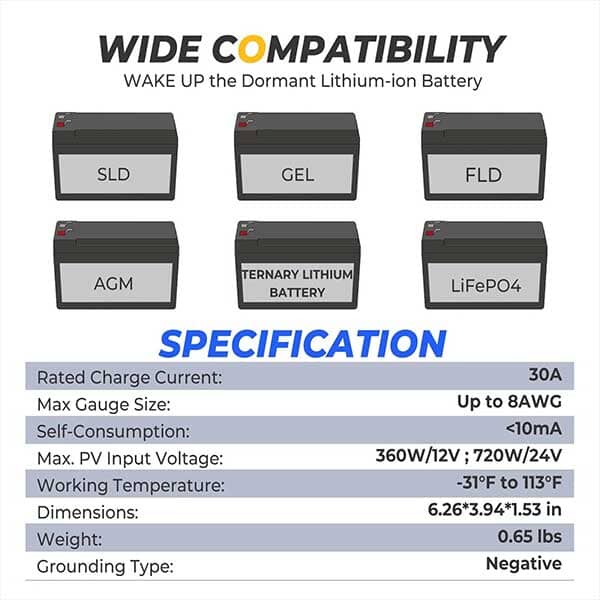 BougeRV Li 30Amp 12V/24V PWM Solar Charge Controller (Negative Ground) - ShopSolar.com