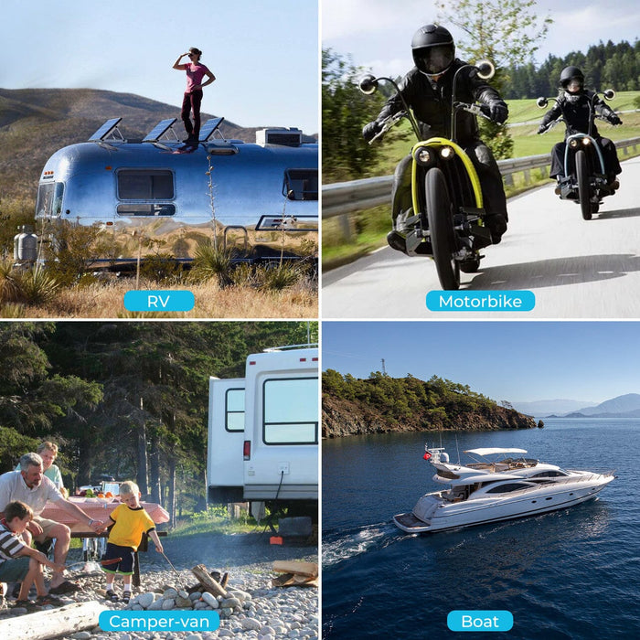 rv, motorbike, camper-van, and boat