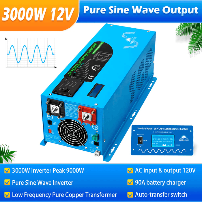 SunGold Power 3000W DC 12V Pure Sine Wave Inverter with Charger - ShopSolar.com