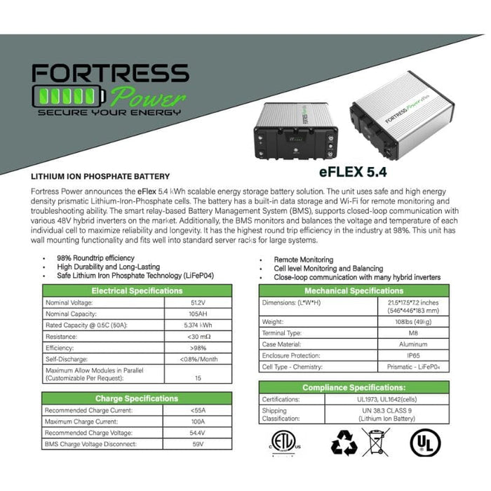 Fortress Power eFlex 5.4kW Lithium Deep Cycle Solar Battery - ShopSolar.com