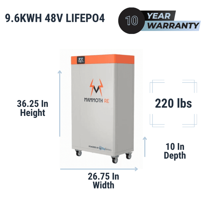 Mammoth [PLUS] 48V 9.6kWh Lithium Battery On Wheels | Designed & Assembled In USA | 10-Year Warranty | Stack up to 8 Units - ShopSolar.com