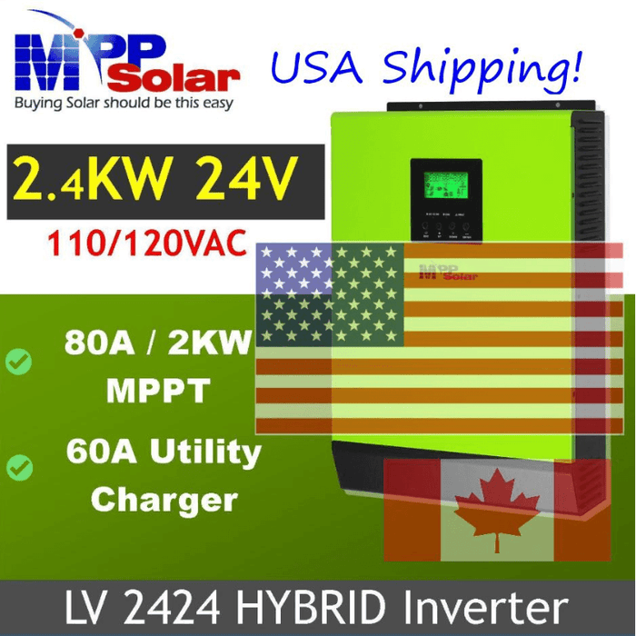 MPP Solar LV2424 Hybrid [Green] – 2,400W 24V 120V Output + 2kW Solar Input 80A MPPT (Grid Feedback Optional) Charge Controller - ShopSolar.com