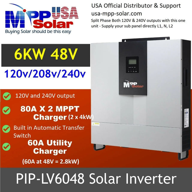 MPP Solar LV6048 6,000W Split Phase 120V/240V Output | 48V All-In-One Solar Inverter / Charger | 2 x MPPT's 8,000W of Solar Input - ShopSolarKits.com