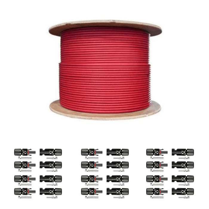 1 x 500 Ft PV Reel Kit | Black or Red | 10 Gauge Wire (AWG) | PV Extension  Cable | Includes PV Connector Ends | Choose Length & Color