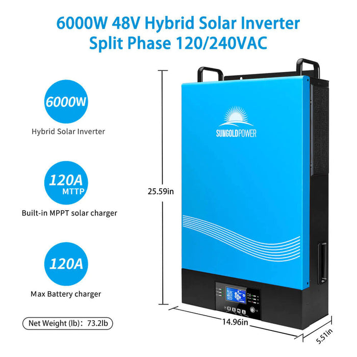 SunGold Power TP6048 6,000W 120/240V Output | 48V Solar Inverter Split Phase (Grid Feedback & Batteryless) - ShopSolar.com