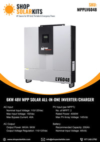 MPP Solar LV6048 6,000W Split Phase 120V/240V Output | 48V All-In-One Solar Inverter / Charger | 2 x MPPT's 8,000W of Solar Input - ShopSolarKits.com