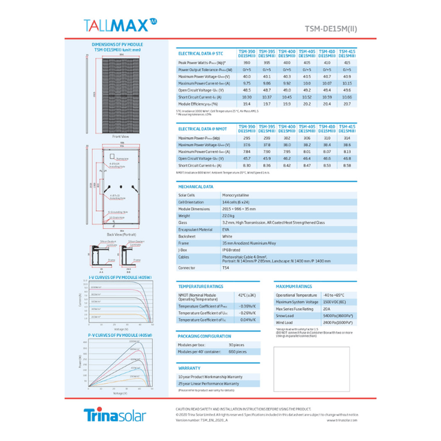 Trina Solar 415W TSM-400-DE15M(II) 400w Mono Solar Panel - ShopSolar.com